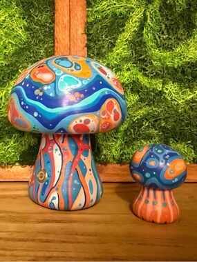 Hand-Painted Blue & Orange Mushroom Set